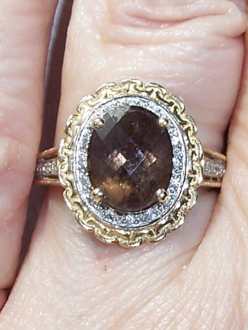 14K Yellow Gold Smoky Quartz & Diamond Halo Ring Women's Size 7